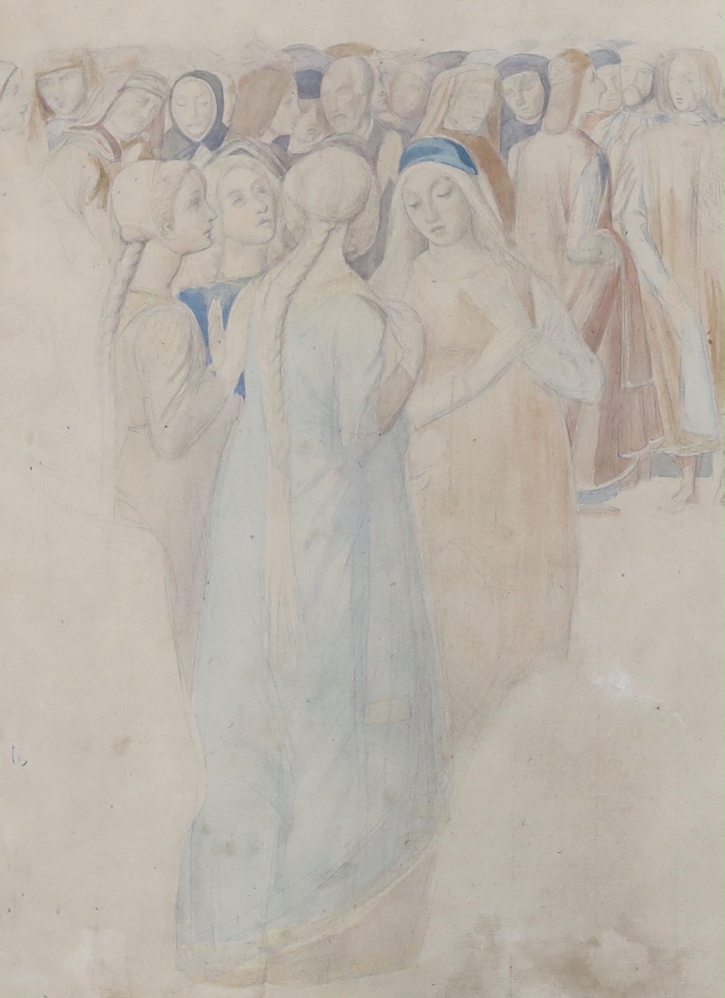 Alfred George Stevens (1817-1875), pencil and watercolour on paper, Gathering of medieval figures, 35 x 25cm